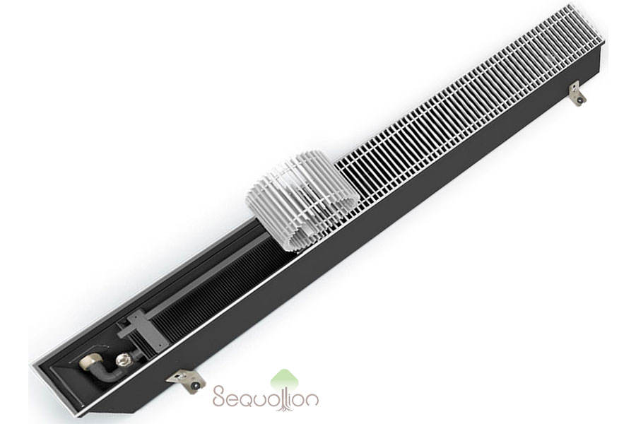 Внутрипольный конвектор отопления водяной Varmann Qtherm Slim QS 105.200.2400 RR U EV1 L с вентилятором подключение слева решетка серебро