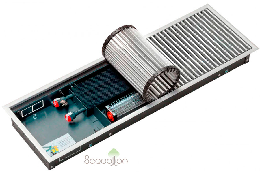 Внутрипольный конвектор отопления водяной Techno Power Vent KVZVh 250x75x800 220V (с вентилятором, подключение слева, решетка серебро)